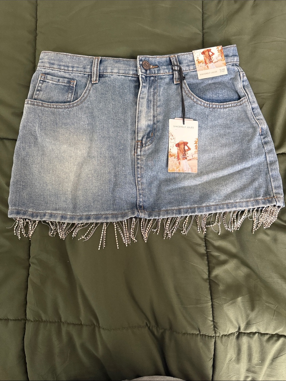 Sincerely Jules Light Blue Denim Mini Skirt with Silver Beaded Fringe